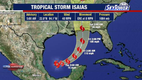 Forecast track map for Tropical Storm Isaias moving toward the U.S. Gulf Coast